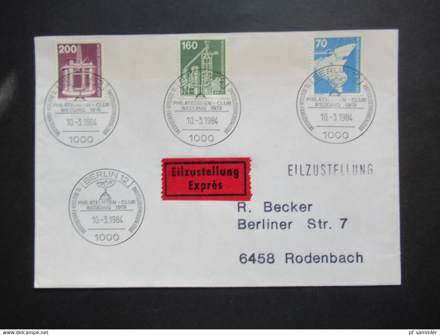 Berlin Freimarken Industrie U. Technik MiF Verw. 1984 Eilzustellung Expres Mit SST Berlin Philatelistenclub Wedding 1919 - Covers & Documents