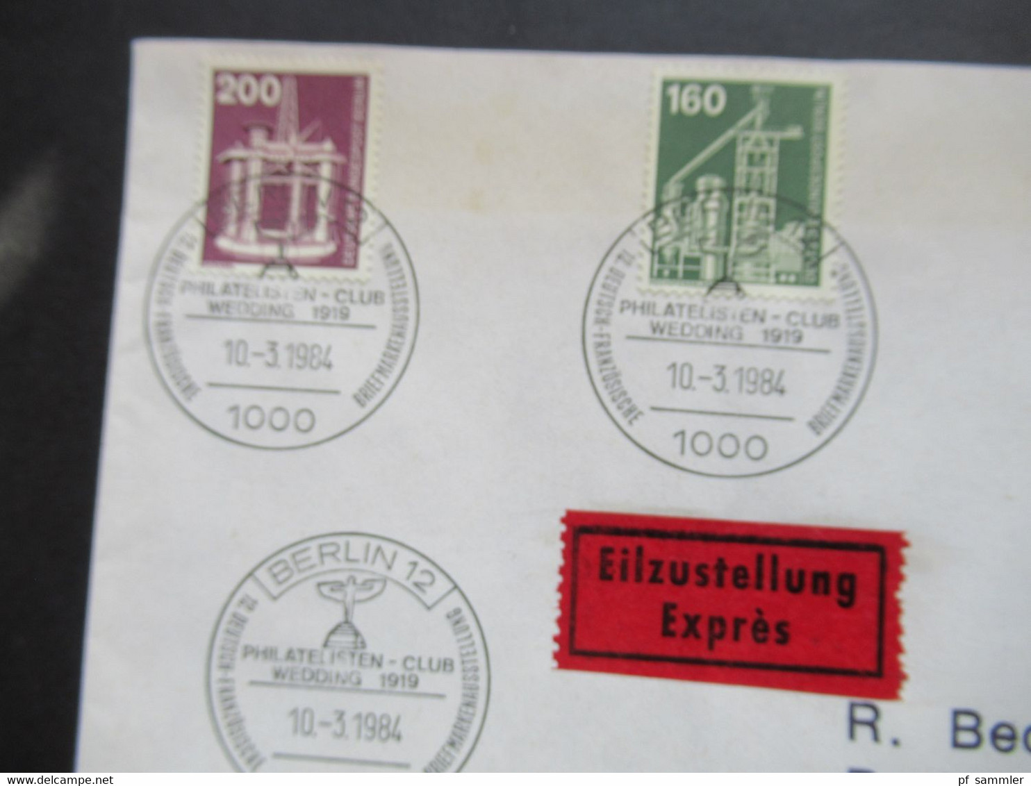 Berlin Freimarken Industrie U. Technik MiF Verw. 1984 Eilzustellung Expres Mit SST Berlin Philatelistenclub Wedding 1919 - Storia Postale