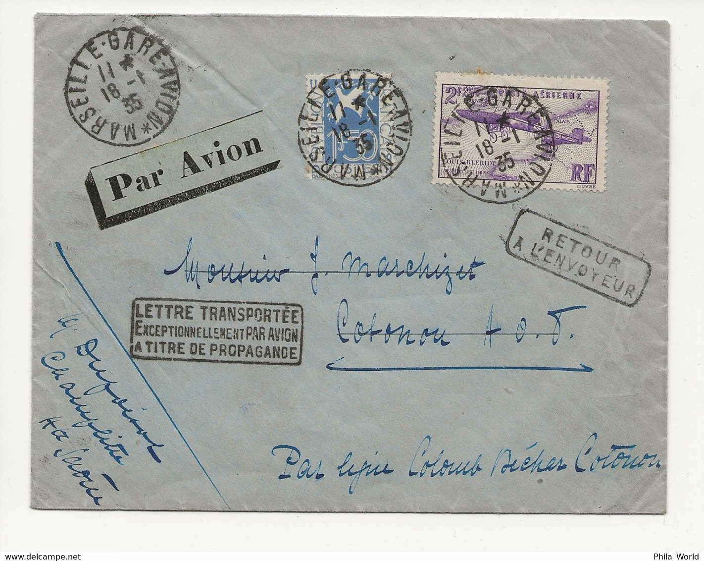 AIR FRANCE AOF COTONOU 1935 Lettre Transportée EXCEPTIONNELLEMENT PAR AVION PROPAGANDE Affranchissement PA 7 BLERIOT - Avions