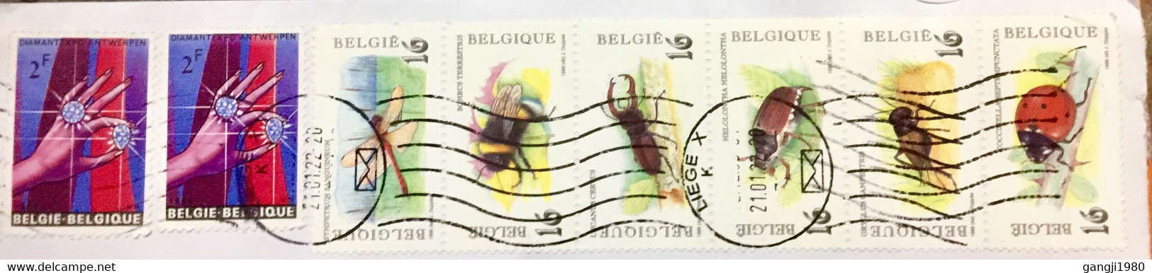 BELGIUM 2022, COVER USED TO INDIA, 1996 FULL SET OF 6 DIFF INSECT & 1965 DIAMOND, LIEGE CITY CANCEL, 8 STAMP - Briefe U. Dokumente