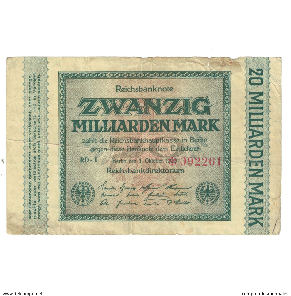 Billet, Allemagne, 20 Milliarden Mark, 1923, 1923-10-01, TB - 20 Miljard Mark