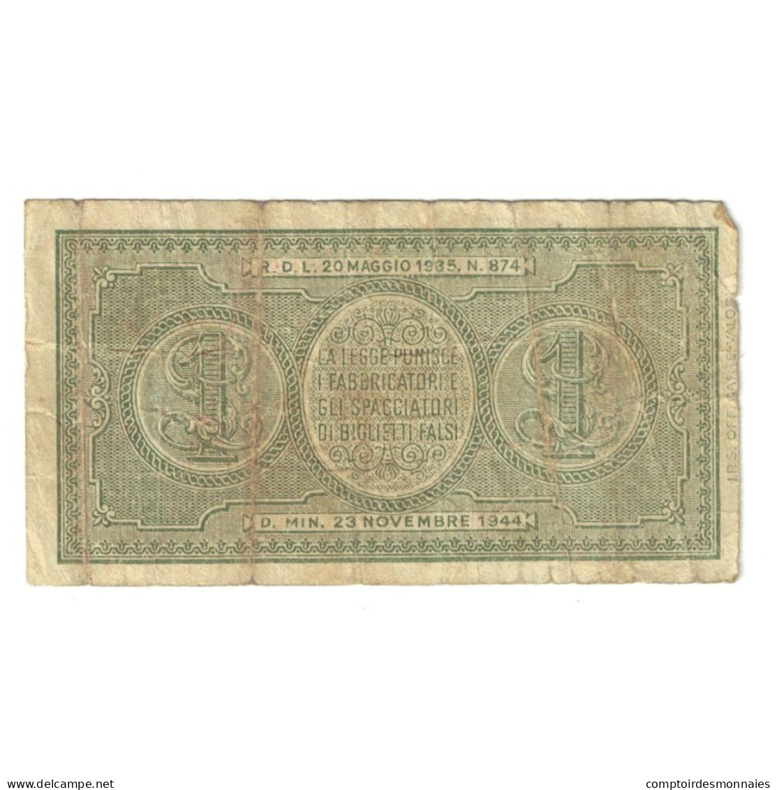 Billet, Italie, 1 Lira, 1944, 1944-11-23, KM:29a, B+ - Regno D'Italia – 1 Lire