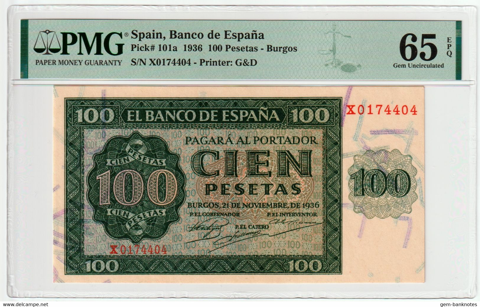 Spain 100 Pesetas 1936 P101a Letter X Graded 65 EPQ Gem Uncirculated By PMG - 100 Pesetas