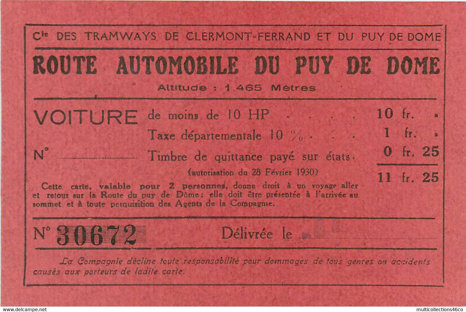 030222A - TICKET Cie TRAMWAY CLERMONT FERRAND PUY DE DOME Route Automobile Voiture N° 30672 - Europe