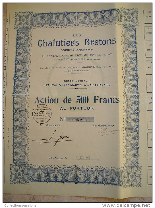 Magnifique Action Décorée. Les Chalutiers Bretons. Action De 500 Francs - Schiffahrt