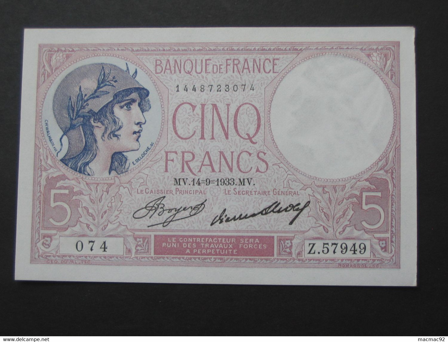 5 Francs - Cinq Francs Violet  14=9=1933   -- ETAT NEUF !!!!   **** EN ACHAT IMMEDIAT **** - 5 F 1917-1940 ''Violet''