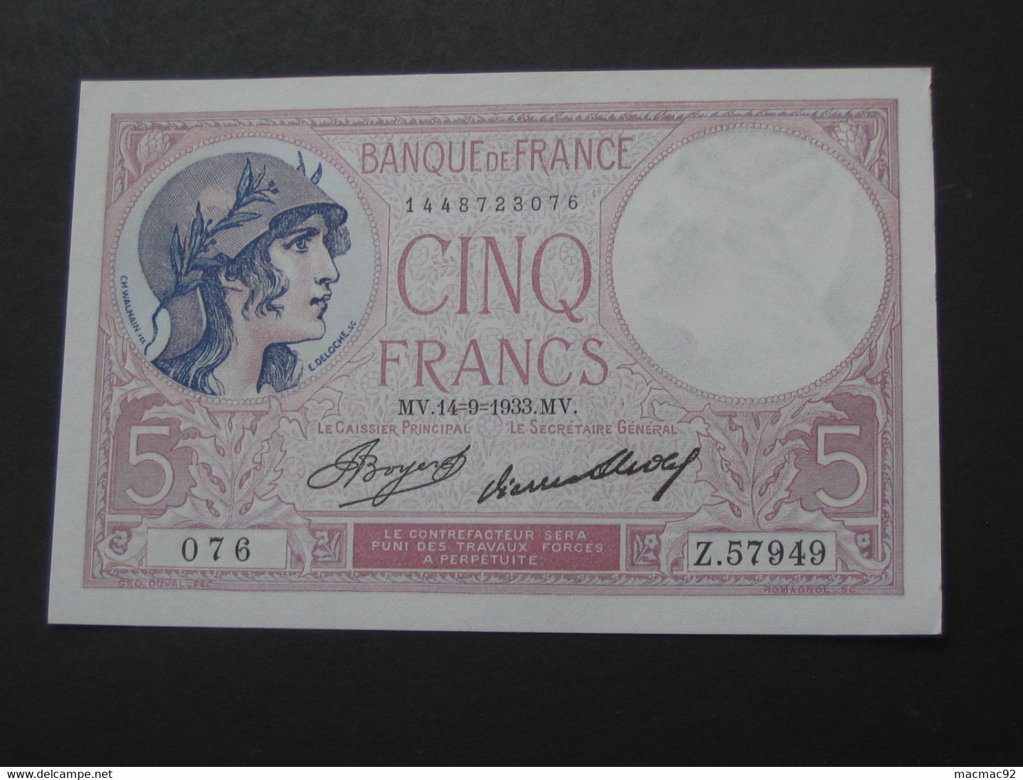 5 Francs - Cinq Francs Violet  14=9=1933   -- ETAT NEUF !!!!   **** EN ACHAT IMMEDIAT **** - 5 F 1917-1940 ''Violet''