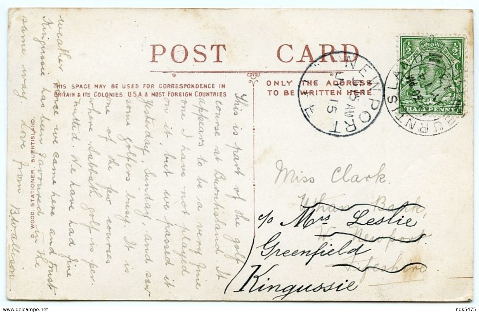 BURNTISLAND GOLF COURSE (12th HOLE) / POSTMARK - NEWPORT / ADDRESS - KINGUSSIE, GREENFIELD (CLARK) - Fife