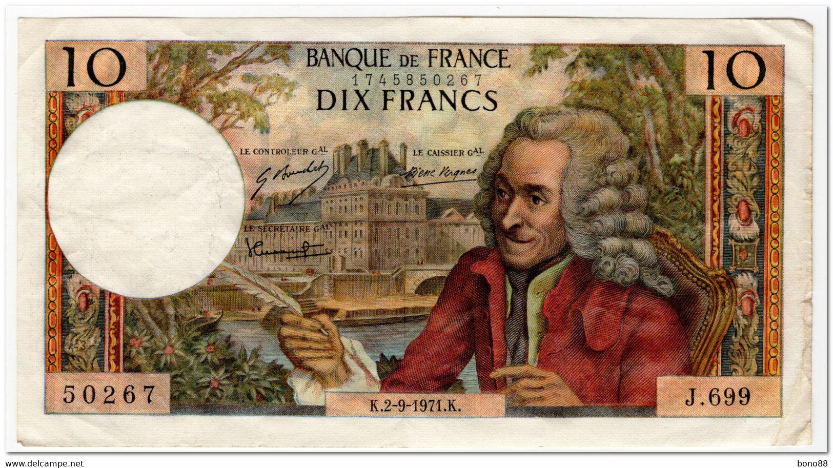 FRANCE,10 FRANCS,1972,P.147d,VF,2 PIN HOLES - 10 F 1963-1973 ''Voltaire''