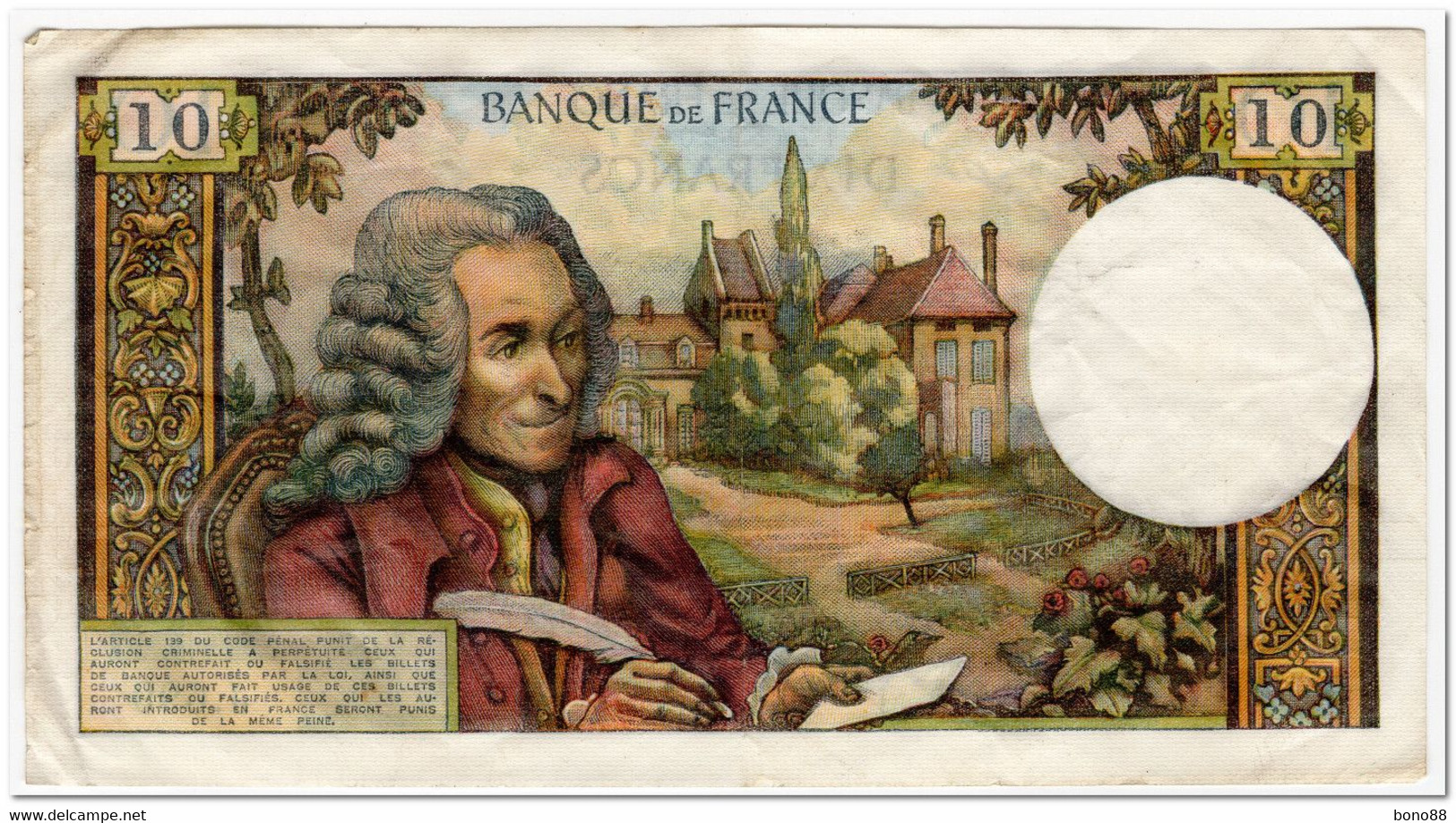 FRANCE,10 FRANCS,1972,P.147d,VF,2 PIN HOLES - 10 F 1963-1973 ''Voltaire''