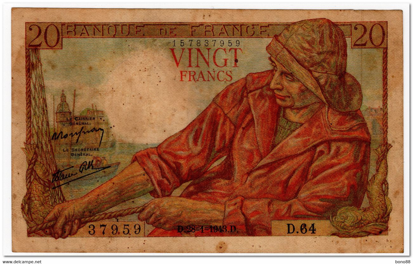 FRANCE,20 FRANCS,1943,P.100a,VF,DIRTY - 20 F 1942-1950 ''Pêcheur''