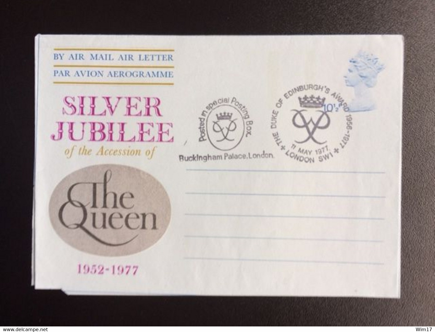 GREAT BRITAIN 1977 AEROGRAMME SILVER JUBILEE STAMPED 11-05-1977 GROOT BRITTANNIE - Universal Mail Stamps