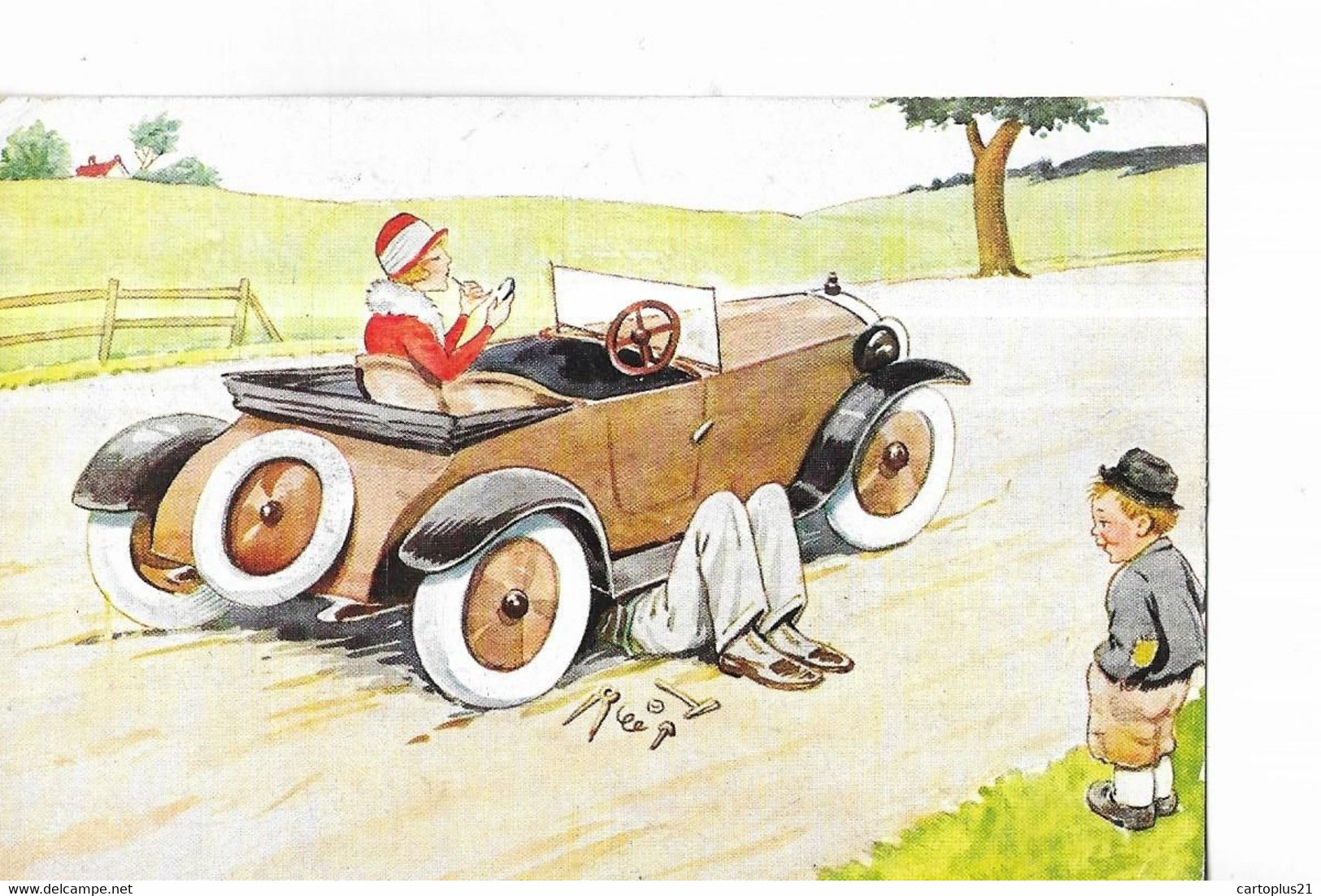 FANTAISIE  //   SCENE  DESSIN  VOITURE EN PANNE    HOMME  ALLONGE POUR REPARATION  COULEURS - Altri & Non Classificati