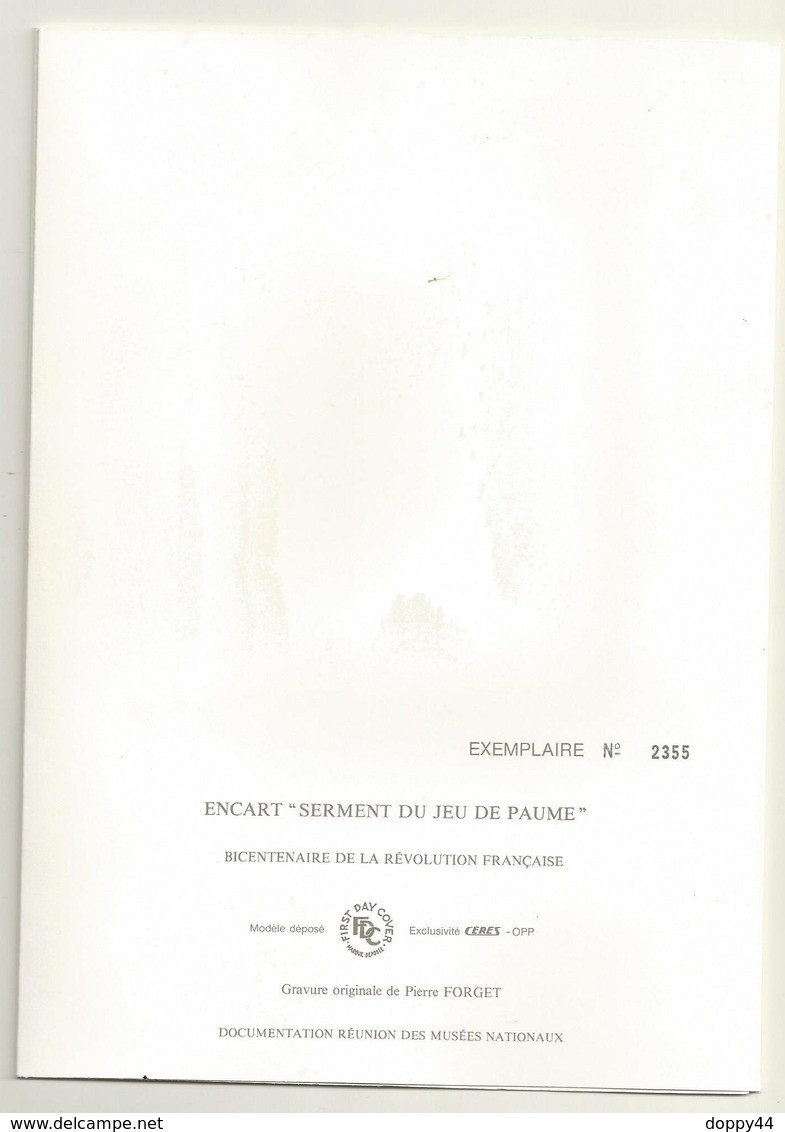 ENCART NUMEROTE SERMENT DU JEU DE PAUME   2 TP DAVID + CACHET PJ  PARIS ET  VERSAILLES 20/06/1989 - Franz. Revolution