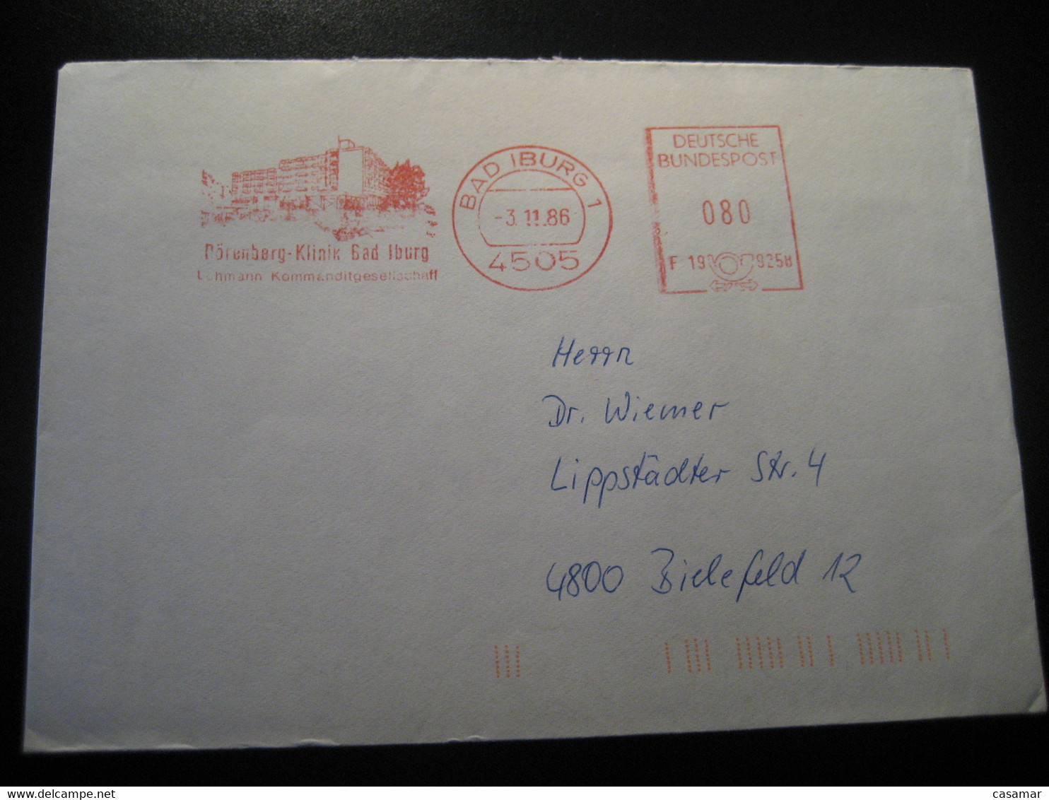 BAD IBURG 1986 Klinik Clinic Hospital Clinique Thermal Health Sante Meter Mail Cancel Cover GERMANY - Thermalisme