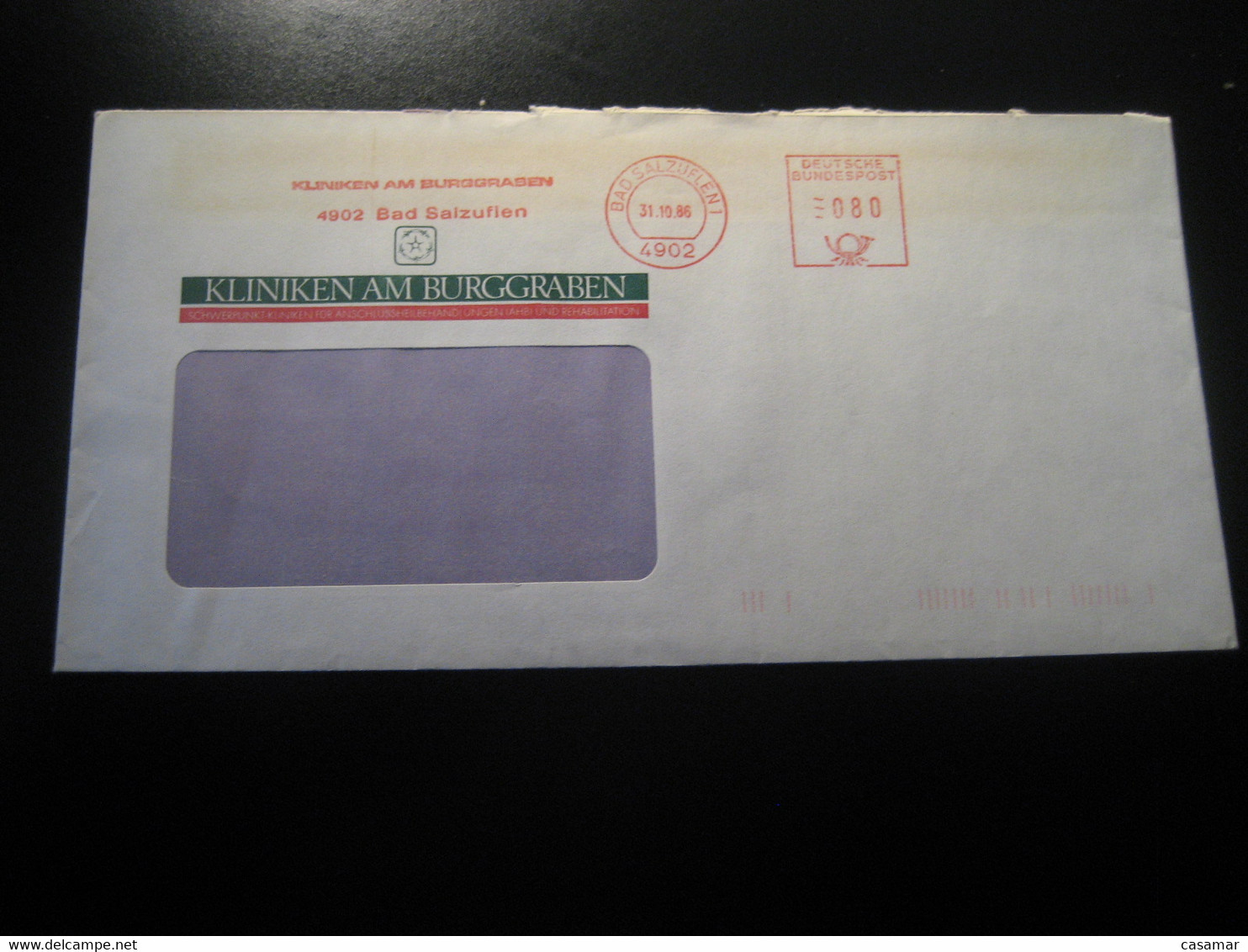 BAD SALZUFLEN 1986 Kliniken Am Burggraben Clinic Hospital Clinique Thermal Health Meter Mail Cancel Cover GERMANY - Termalismo