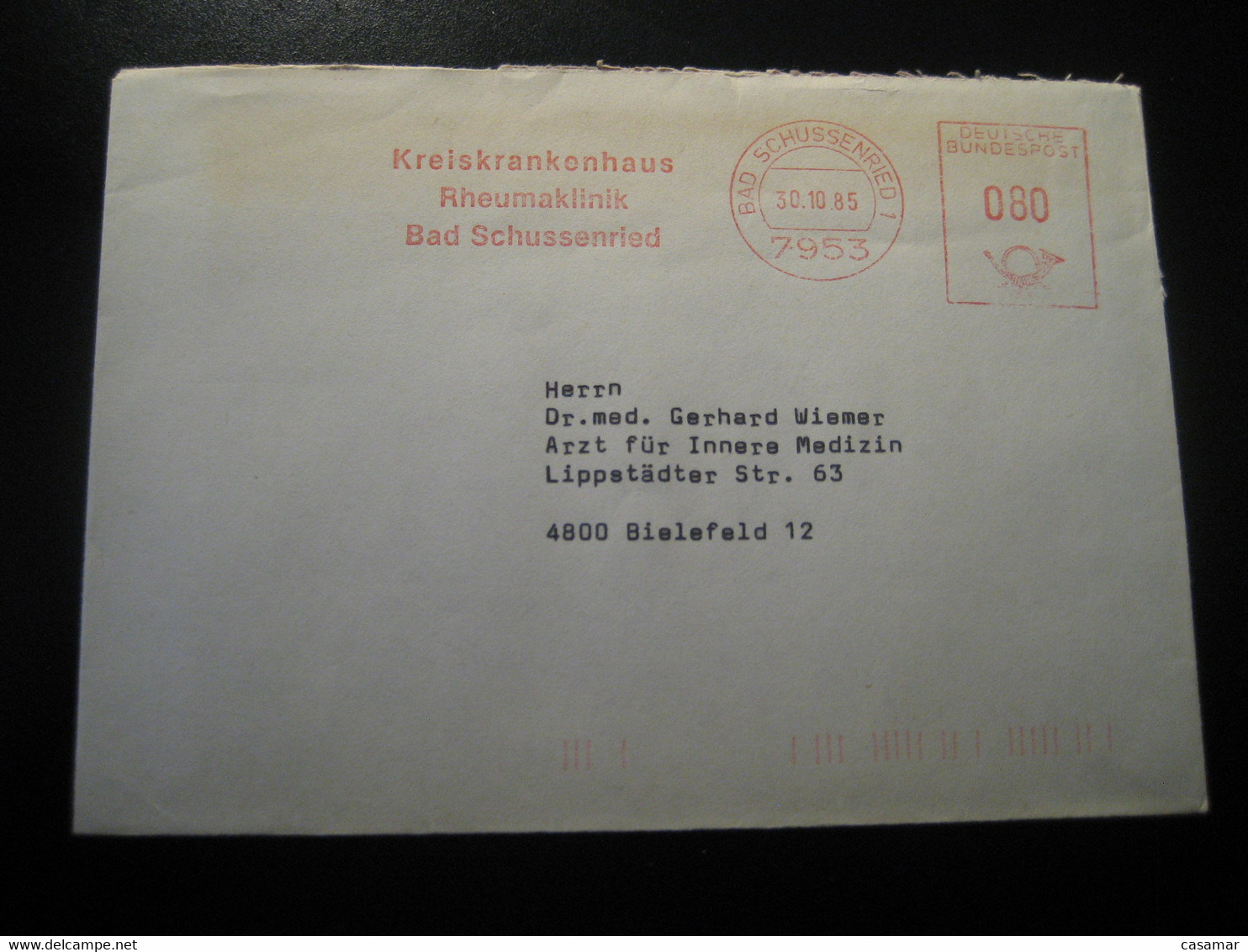 BAD SCHUSSENRIED 1985 Rheumatism Rhumatisme Clinic Hospital Clinique Thermal Health Meter Mail Cancel Cover GERMANY - Thermalisme
