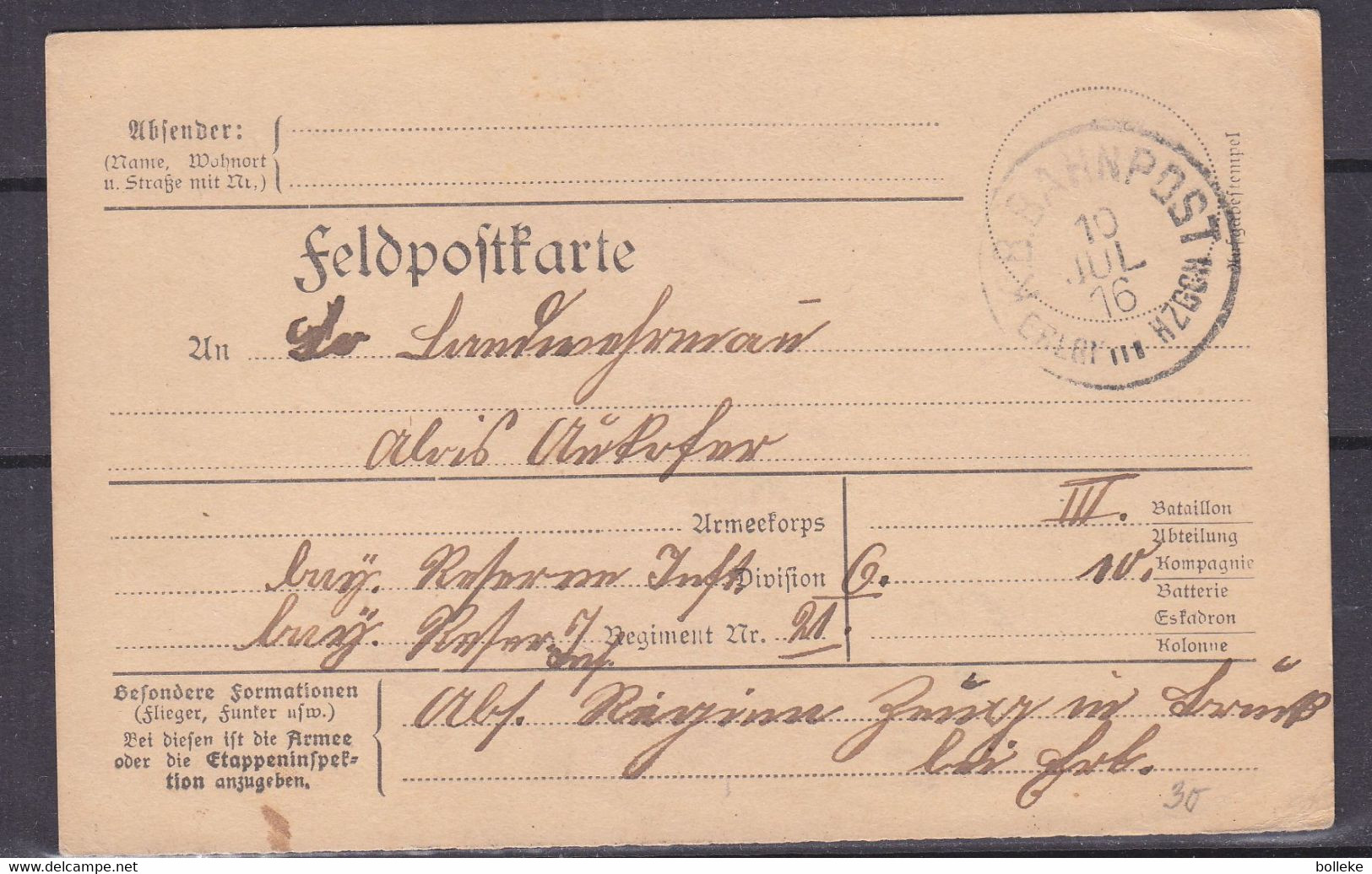 Allemagne - Empire - Carte Postale Militaire De 1916 - Oblit KB Bahnpost - - Lettres & Documents