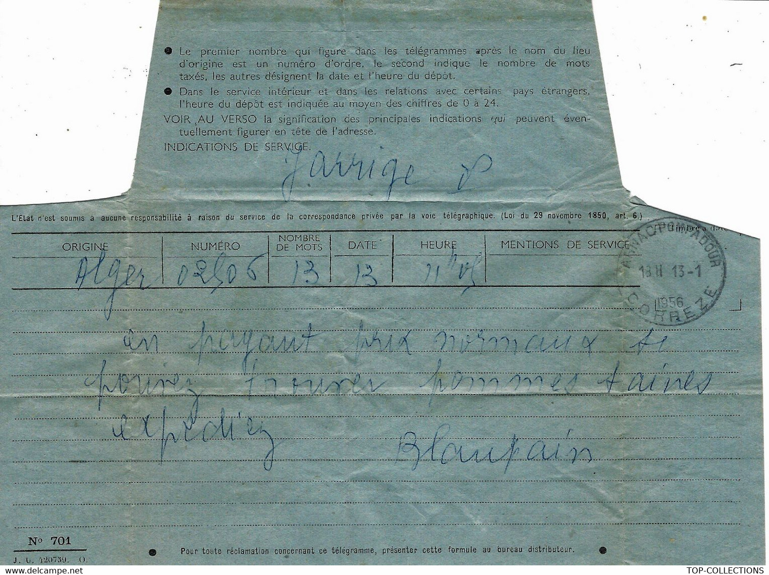 LOT DE 6 TELEGRAMMES D'Alger Pour Arnac  Pompadour Corrèze Circa  1949 1950 à 1956  VOIR SCANS - Lettres & Documents