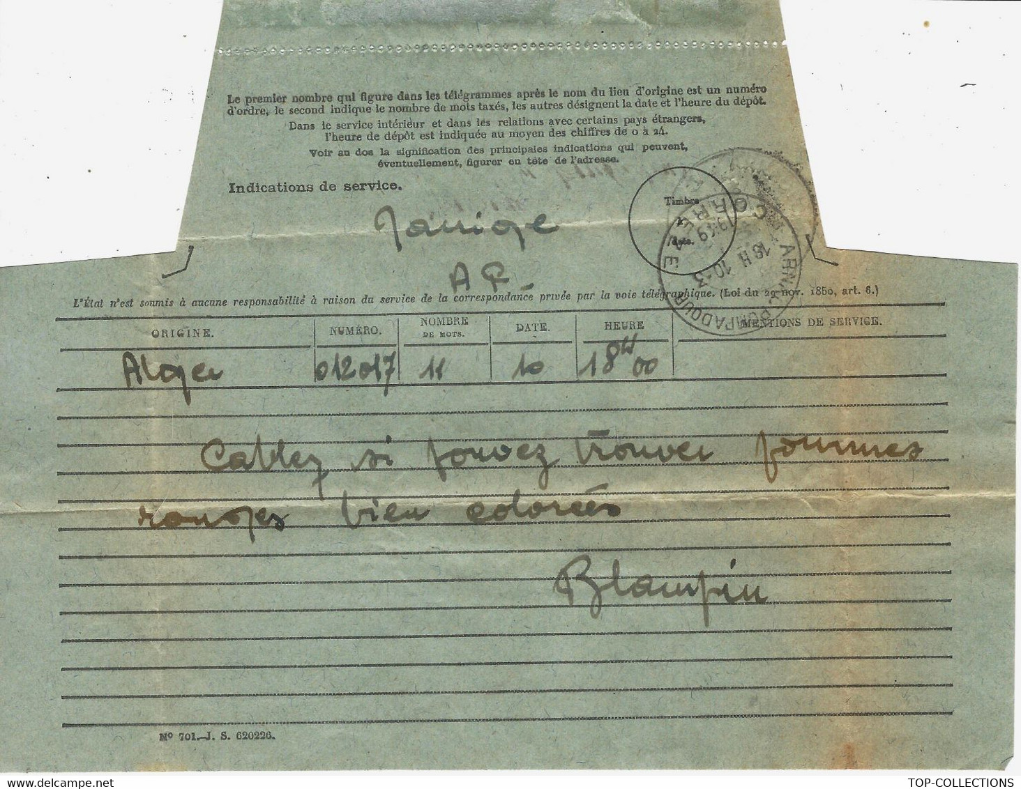 LOT DE 6 TELEGRAMMES d'Alger pour Arnac  Pompadour Corrèze circa  1949 1950 à 1956  VOIR SCANS