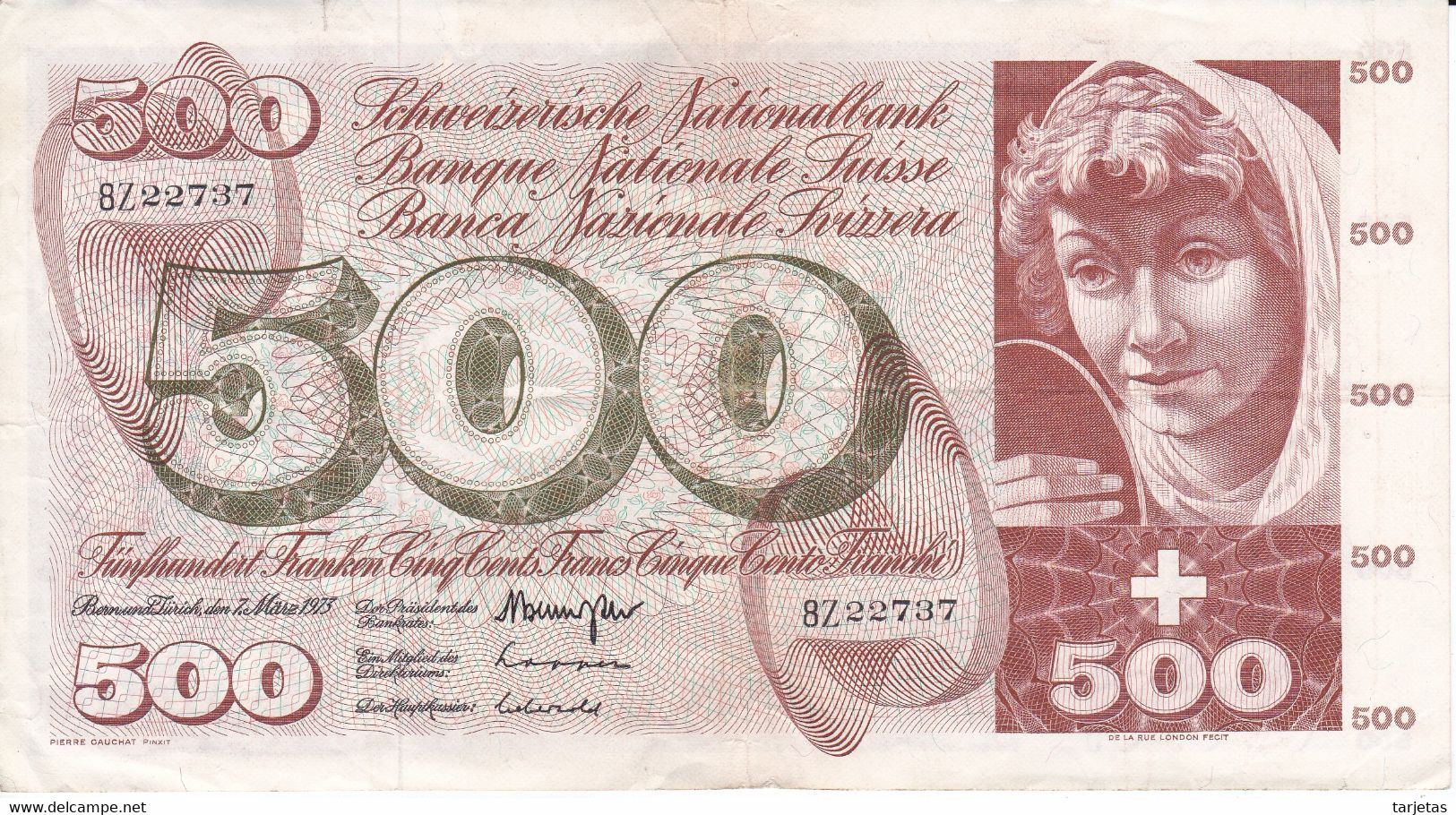 BILLETE DE SUIZA DE 500 FRANCS DEL AÑO 1973 (BANKNOTE) - Zwitserland