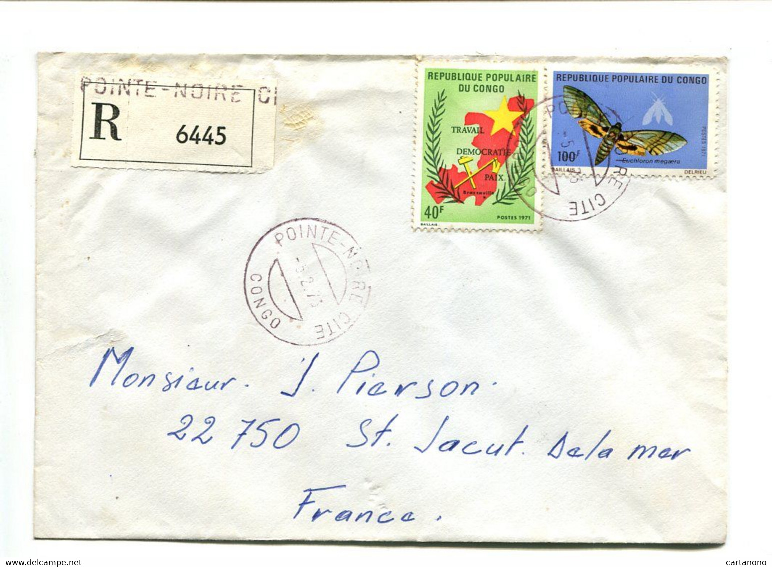 CONGO Pointe Noire Cité 1975 - Affranchissement Sur Lettre Recommandée -  Papillon - Other & Unclassified