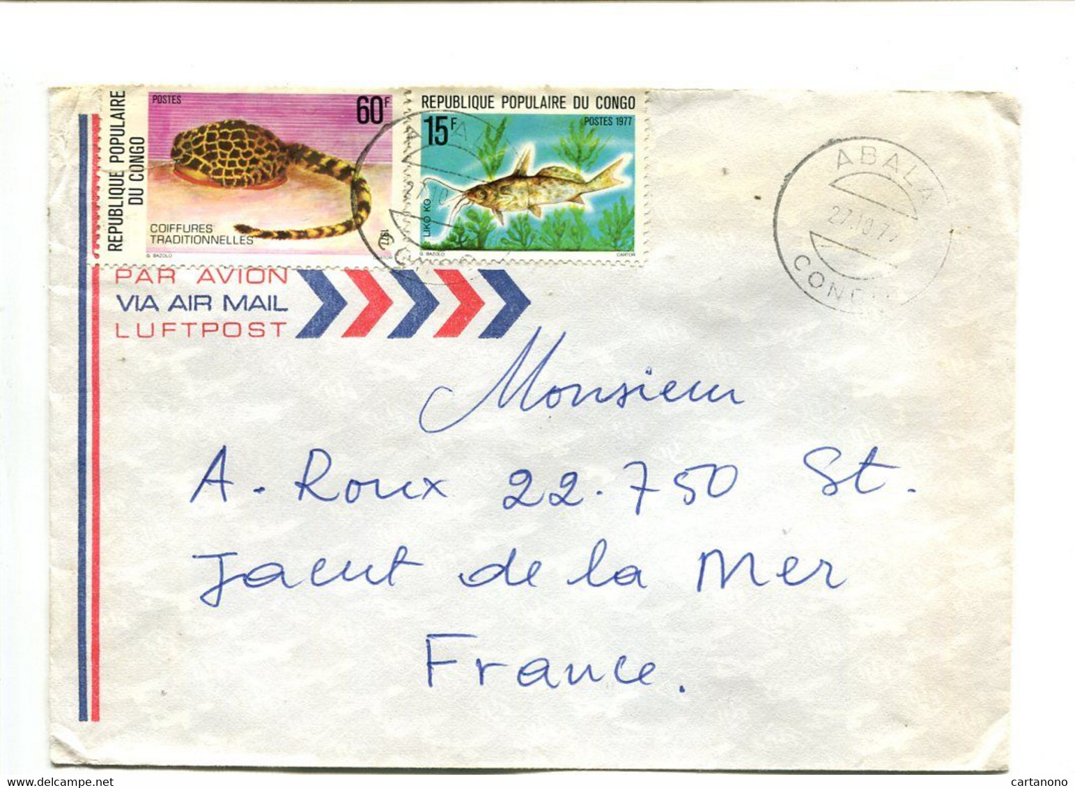 CONGO Abala 1977 - Affranchissement Sur Lettre Par Avion - Coiffe / Poisson - Autres & Non Classés