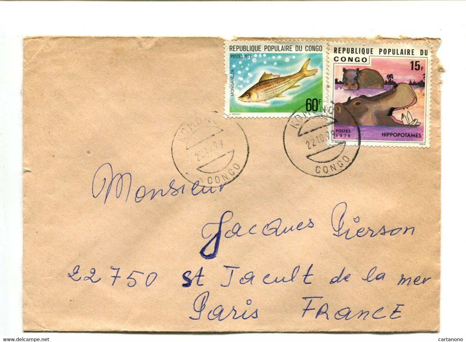 CONGO Komono 1979 - Affranchissement Sur Lettre - Animaux Poisson Hippopotame - Autres & Non Classés