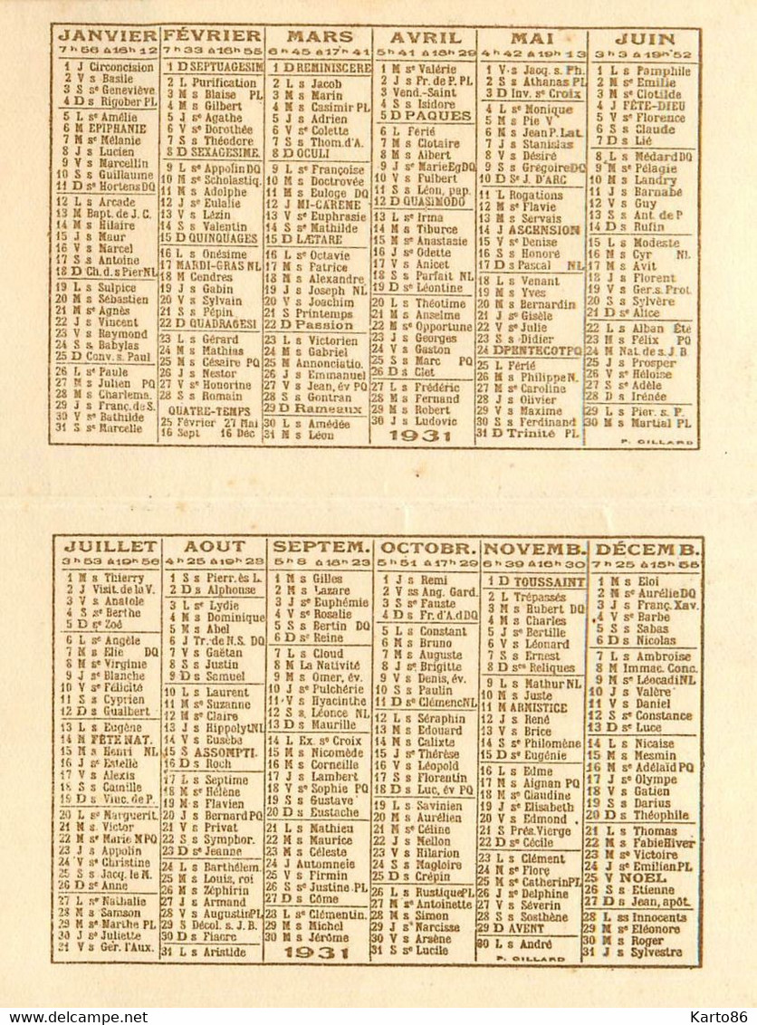 Petit Calendrier Ancien Publicitaire 1931 * Maison ECOCHARD à Bourg En Bresse Piano Phono Lutherie * Calendar Almanach - Petit Format : 1921-40