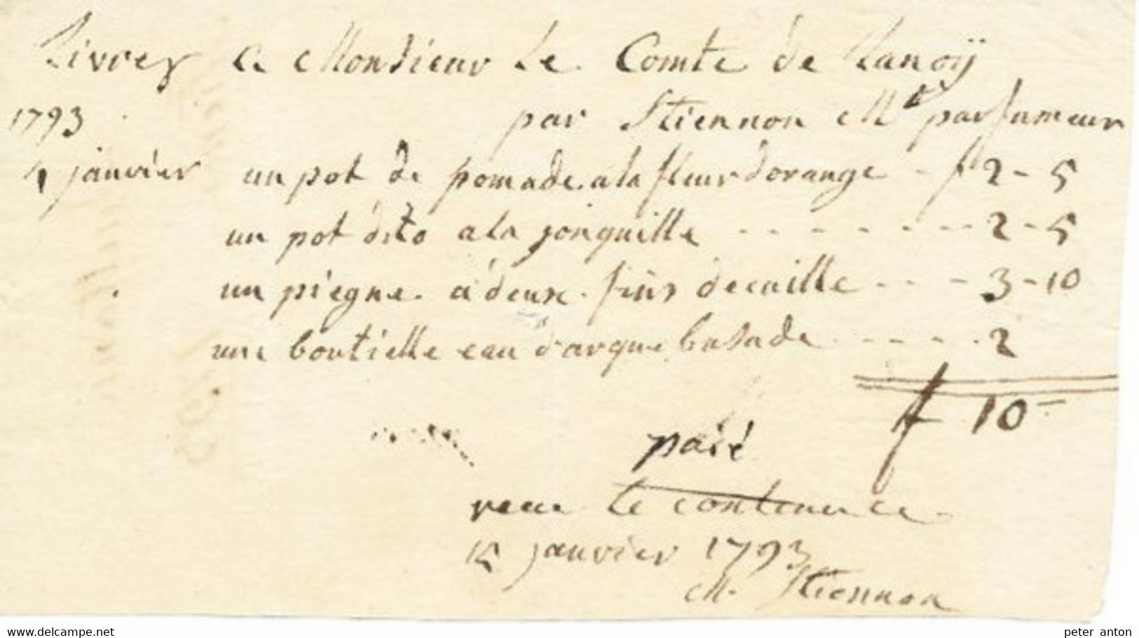 Facture De Cosmétiques Pour Le Comte De Lannoy  Par Stiennon Janvier 1793 - ... - 1799