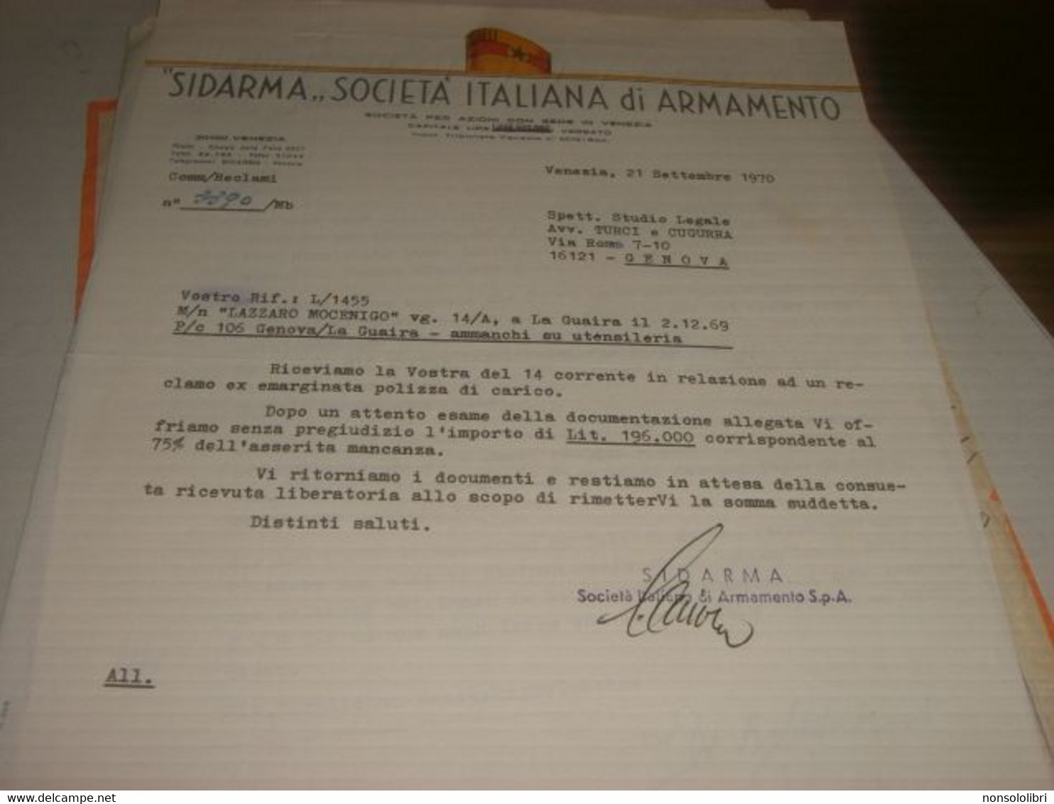 LETTERA SU CARTA INTESTATA SIDARMA 1970 - Italia