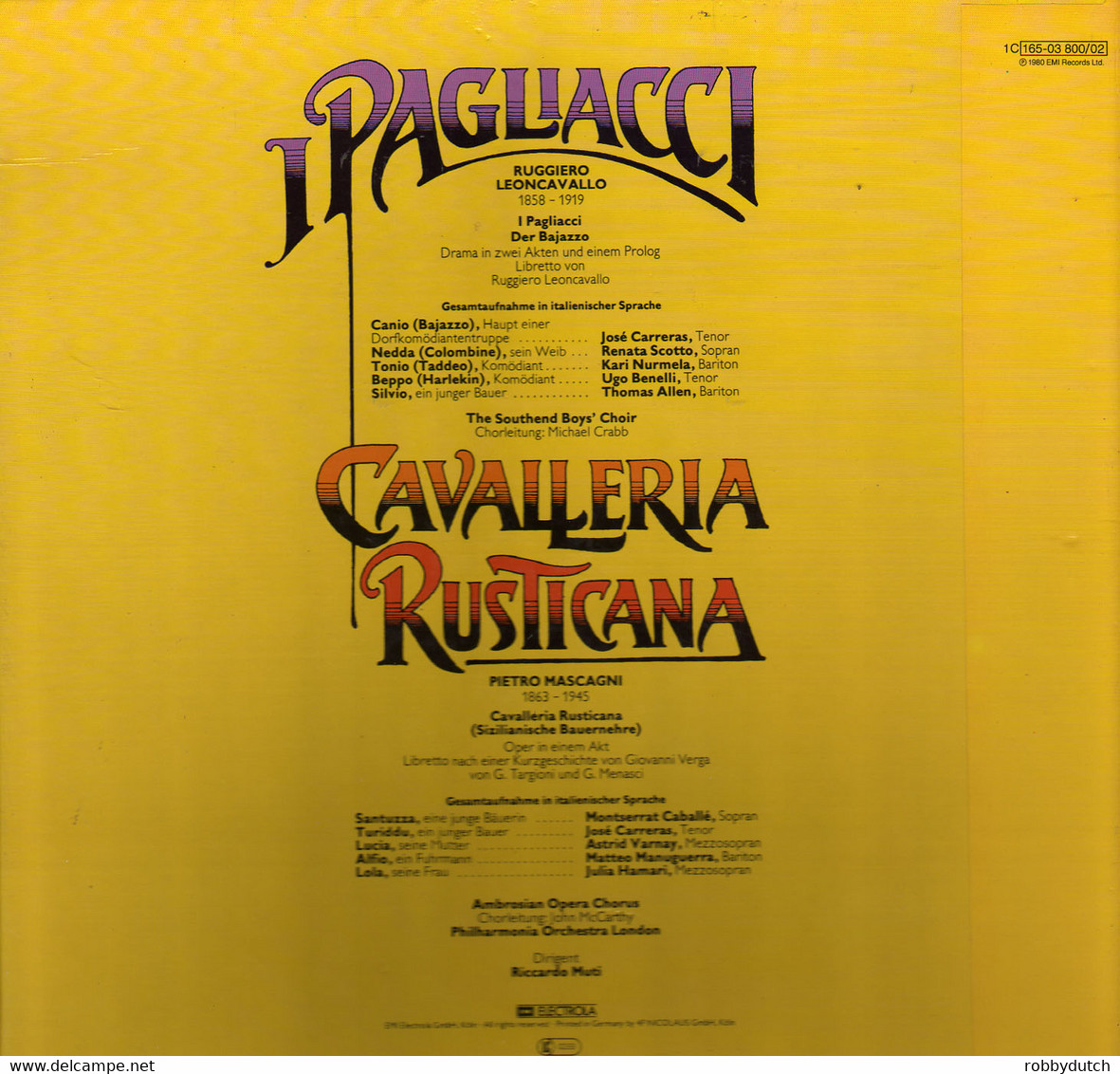 * 3LP Box *  MASCAGNI: CAVALLERIA RUSTICANA / LEONCAVALLO: I PAGLIACCI  (Germany 1980 EX!!) - Opéra & Opérette