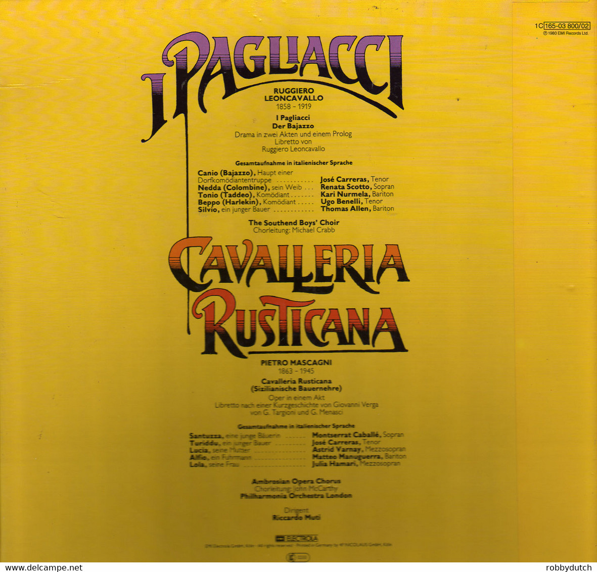 * 3LP Box *  MASCAGNI: CAVALLERIA RUSTICANA / LEONCAVALLO: I PAGLIACCI  (Germany 1980 EX!!) - Oper & Operette