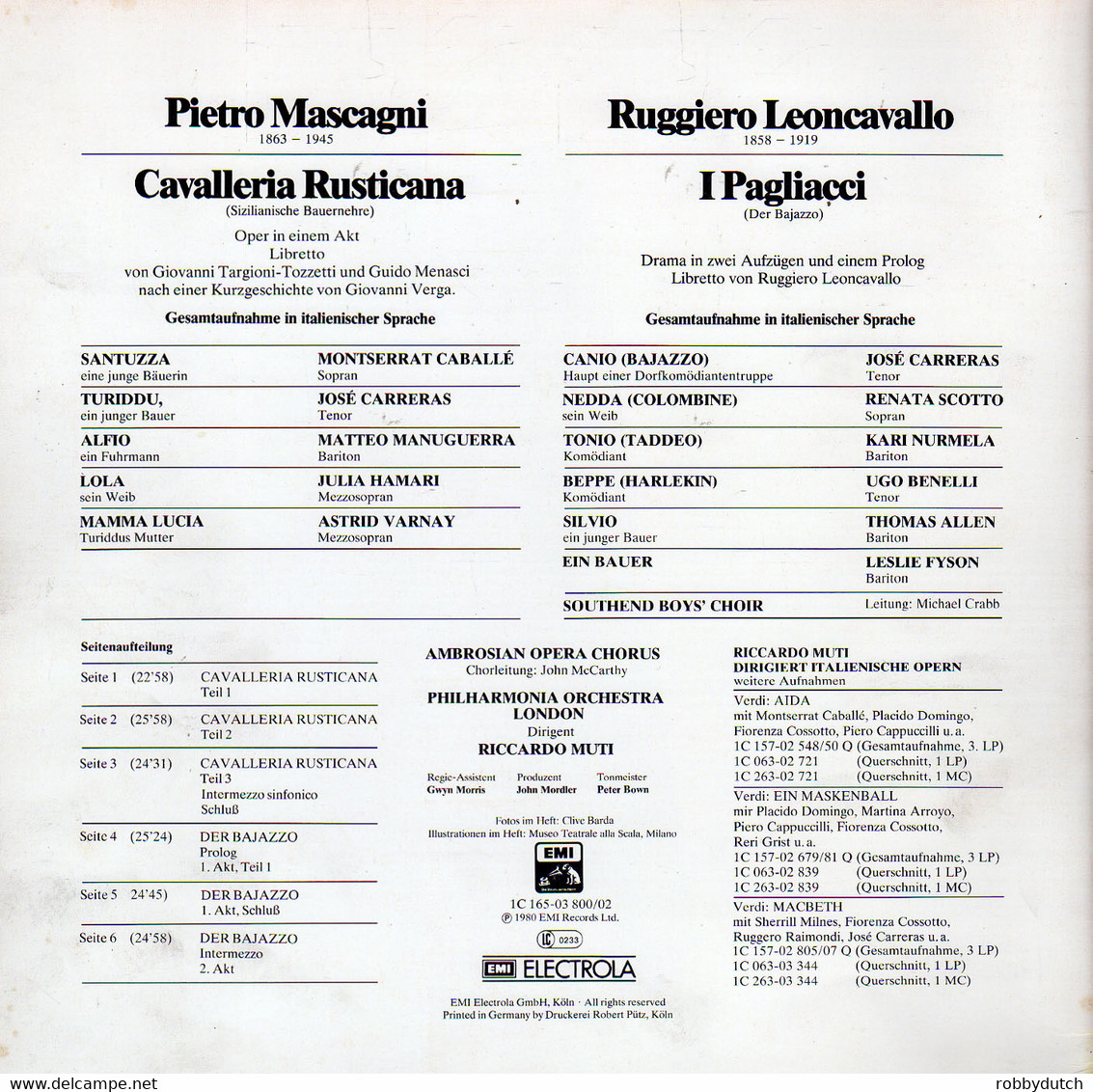 * 3LP Box *  MASCAGNI: CAVALLERIA RUSTICANA / LEONCAVALLO: I PAGLIACCI  (Germany 1980 EX!!) - Oper & Operette