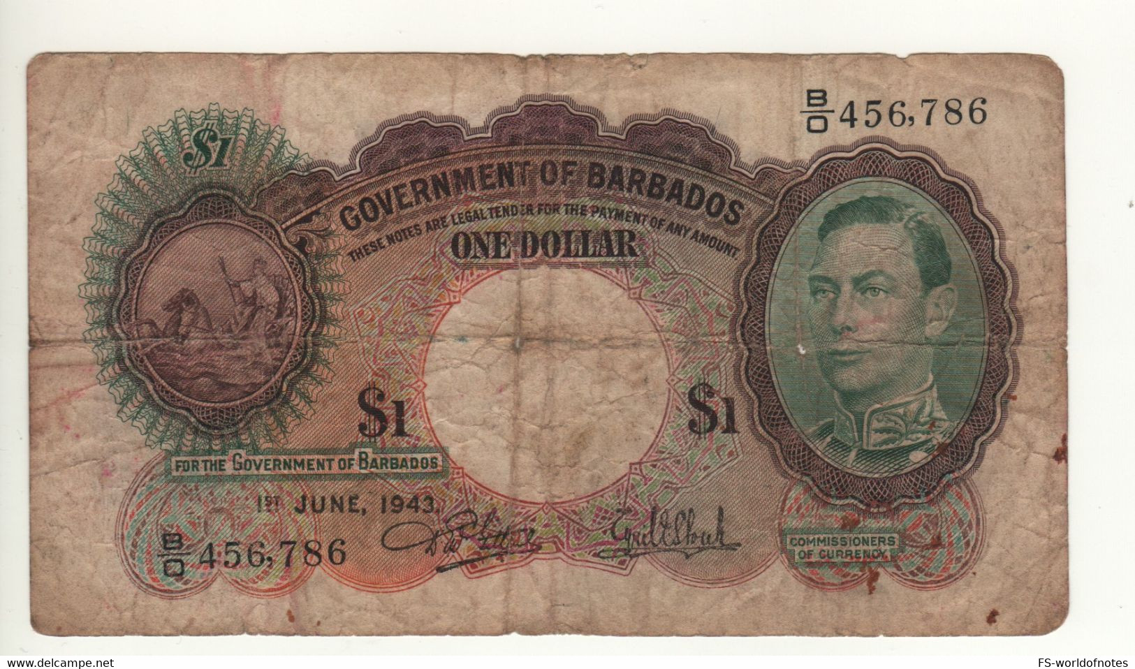 BARBADOS  $ 1,   P2b    Dated 1st JUNE 1943  " King George VI " - Barbades