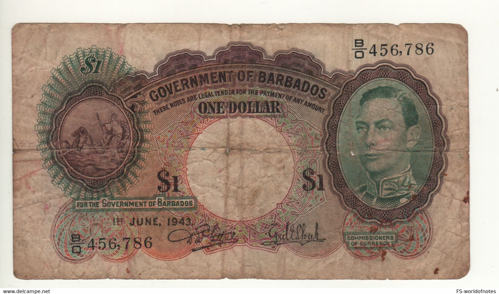 BARBADOS  $ 1,   P2b    Dated 1st JUNE 1943  " King George VI " - Barbados
