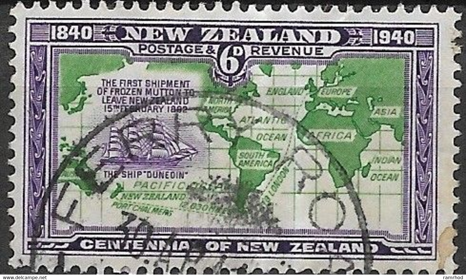NEW ZEALAND 1940 Centenary Of Proclamation Of British Sovereignty -  6d. Dunedin & Frozen Mutton Sea Route To London FU - Gebraucht