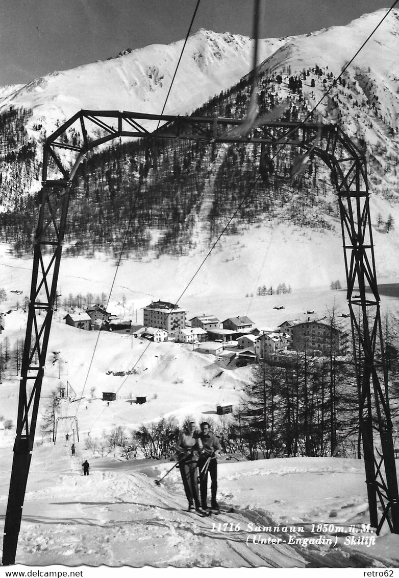 SAMNAUN → Alter Bügel-Skilift Mit Skitouristen Im Winter, Fotokarte Ca.1960 - Samnaun