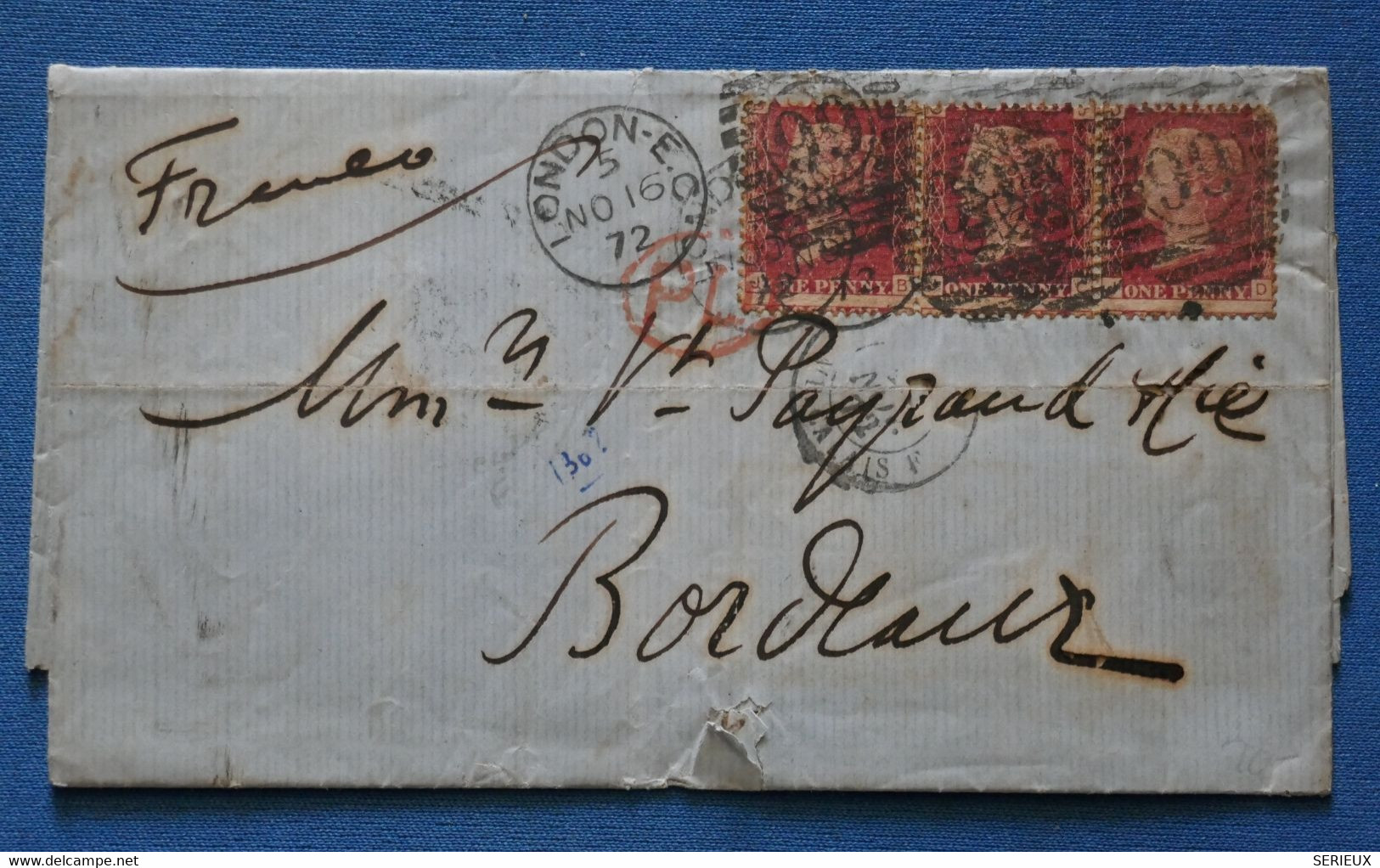 AE 8 GRANDE BRETAGNE BELLE LETTRE 1872 LONDON POUR BORDEAUX FRANCE +BANDE DE 3 TP + AFFRANCH. INTERESSANT - Lettres & Documents