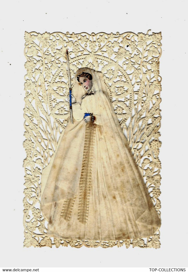1875  IMAGE PIEUSE RELIGIEUSE / CANIVET  Papier Dentelé + Tissu De L’aube + Rubans+ Cierge VOIR SCANS - Devotion Images