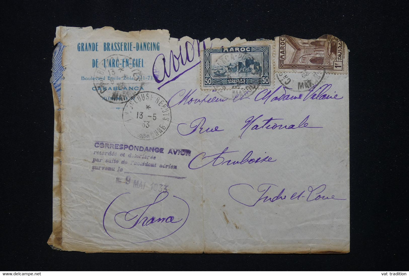 FRANCE - Griffe D'Accident D'Avion Sur Enveloppe De Casablanca Le 9/5/1933 Avec Cachet Rebuts De Toulouse - L 115810 - Lettres Accidentées