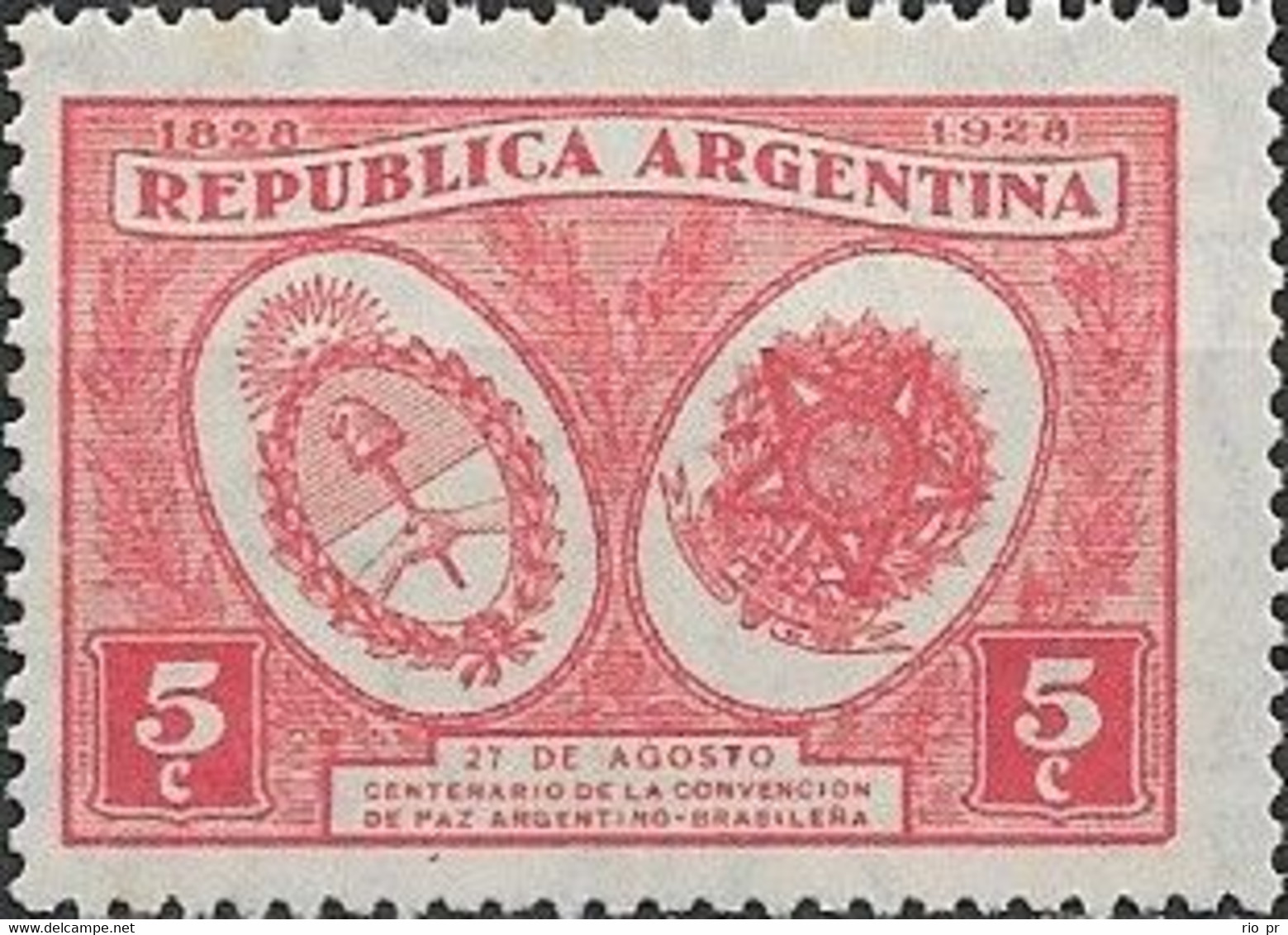 ARGENTINA - CENTENARY OF PEACE BETWEEN BRAZIL AND THE UNITED PROVINCES OF THE RIO DE LA PLATA (5 C) 1928 - MNH - Ungebraucht