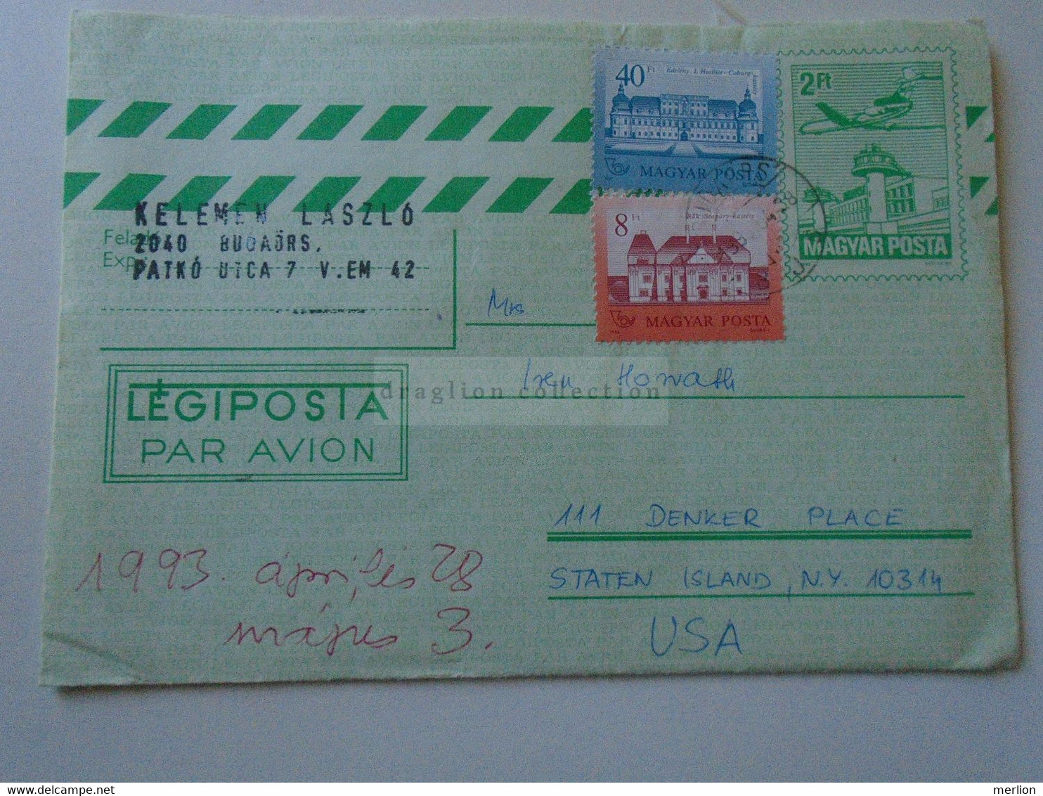 D188333 Hungary  Uprated Stamped Stationery Cover  - Cancel 1993  Budapest Sent To  Staten Island, New York - Covers & Documents