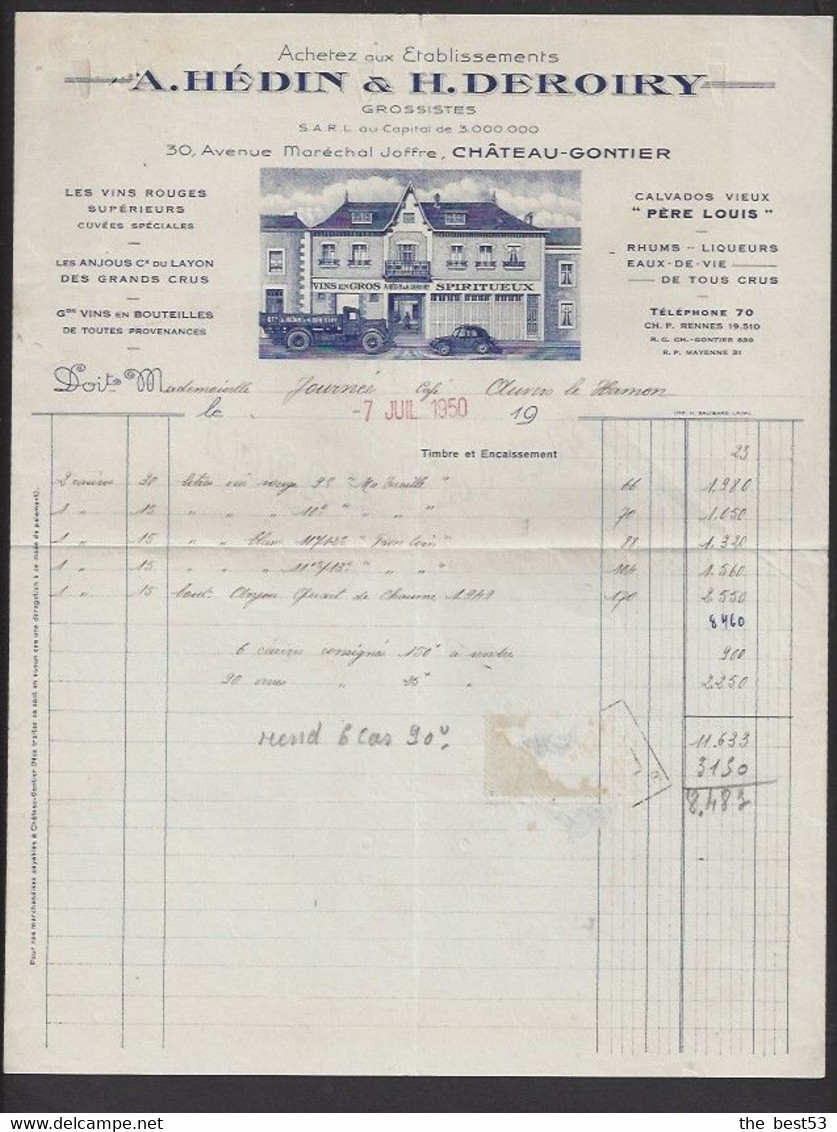 Facture 1950  -  Vins Et Spiritueux  A. Hédin Et H. Deroiry  30 Av, Maréchal Joffre à Chateau Gontier  (53) - Rechnungen