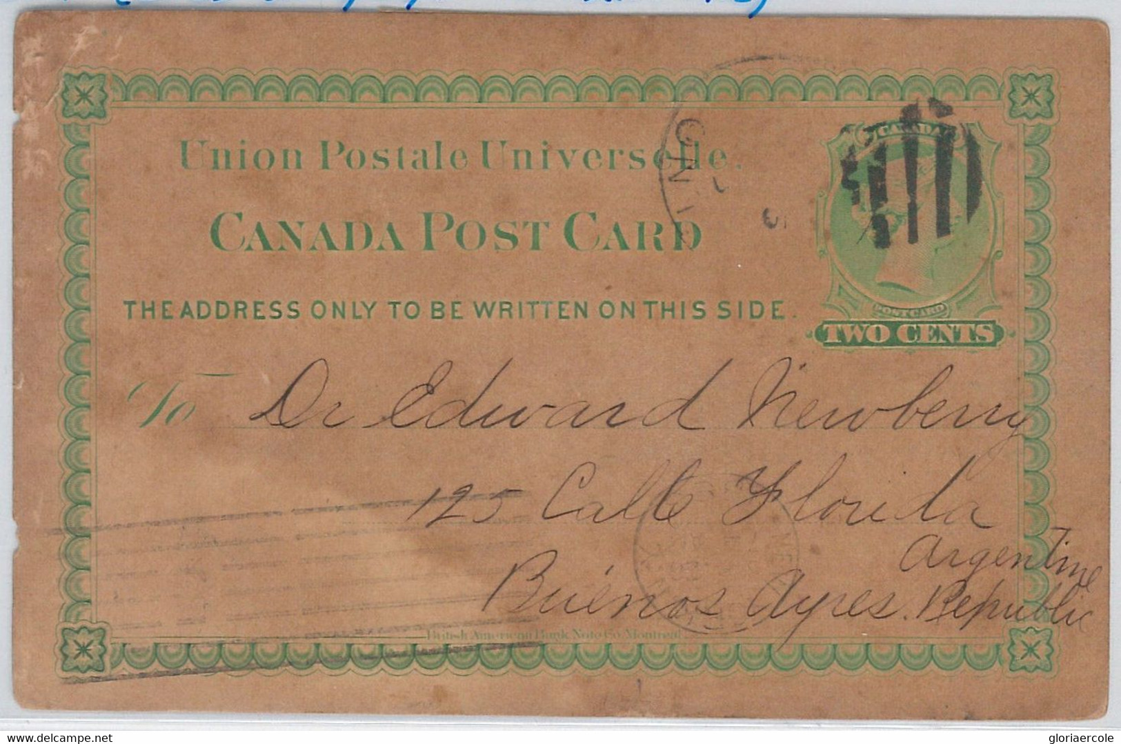 52306 - CANADA - POSTAL History  STATIONERY CARD   To ARGENTINA  To NEWBERY 1893 - 1860-1899 Règne De Victoria