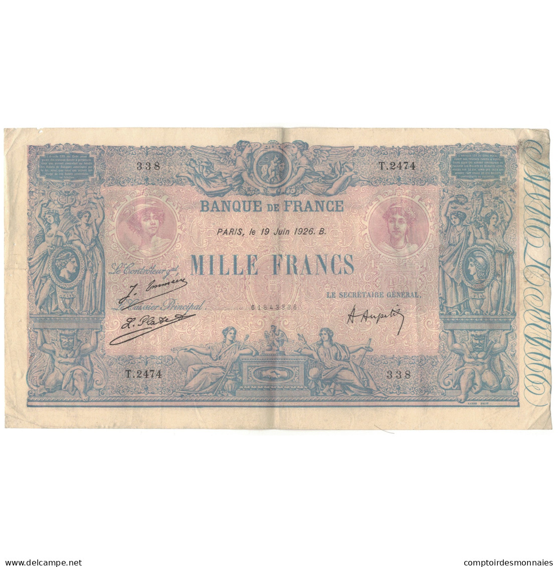 France, 1000 Francs, T.2474, TTB, Fayette:36.42, KM:67j - 1 000 F 1889-1926 ''Bleu Et Rose''