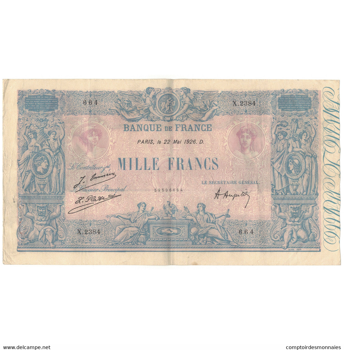 France, 1000 Francs, X.2384, TTB+, Fayette:36.42, KM:67j - 1 000 F 1889-1926 ''Bleu Et Rose''