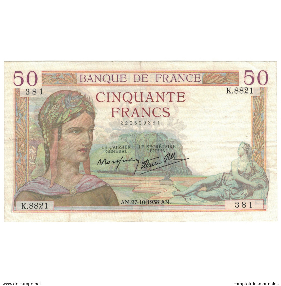 France, 50 Francs, Cérès, K.8821, TTB, Fayette:18.17, KM:85b - 50 F 1934-1940 ''Cérès''