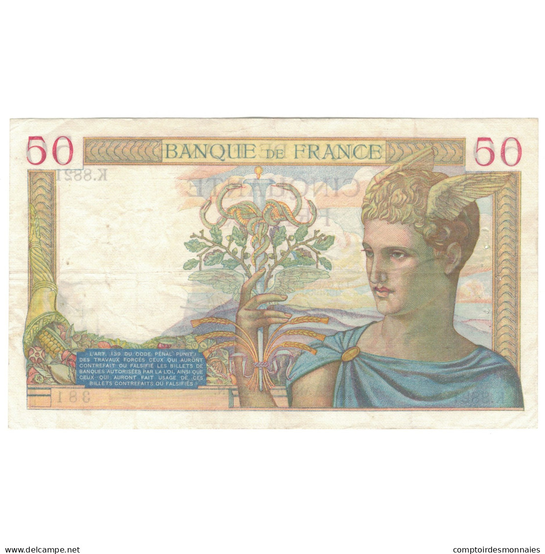 France, 50 Francs, Cérès, K.8821, TTB, Fayette:18.17, KM:85b - 50 F 1934-1940 ''Cérès''