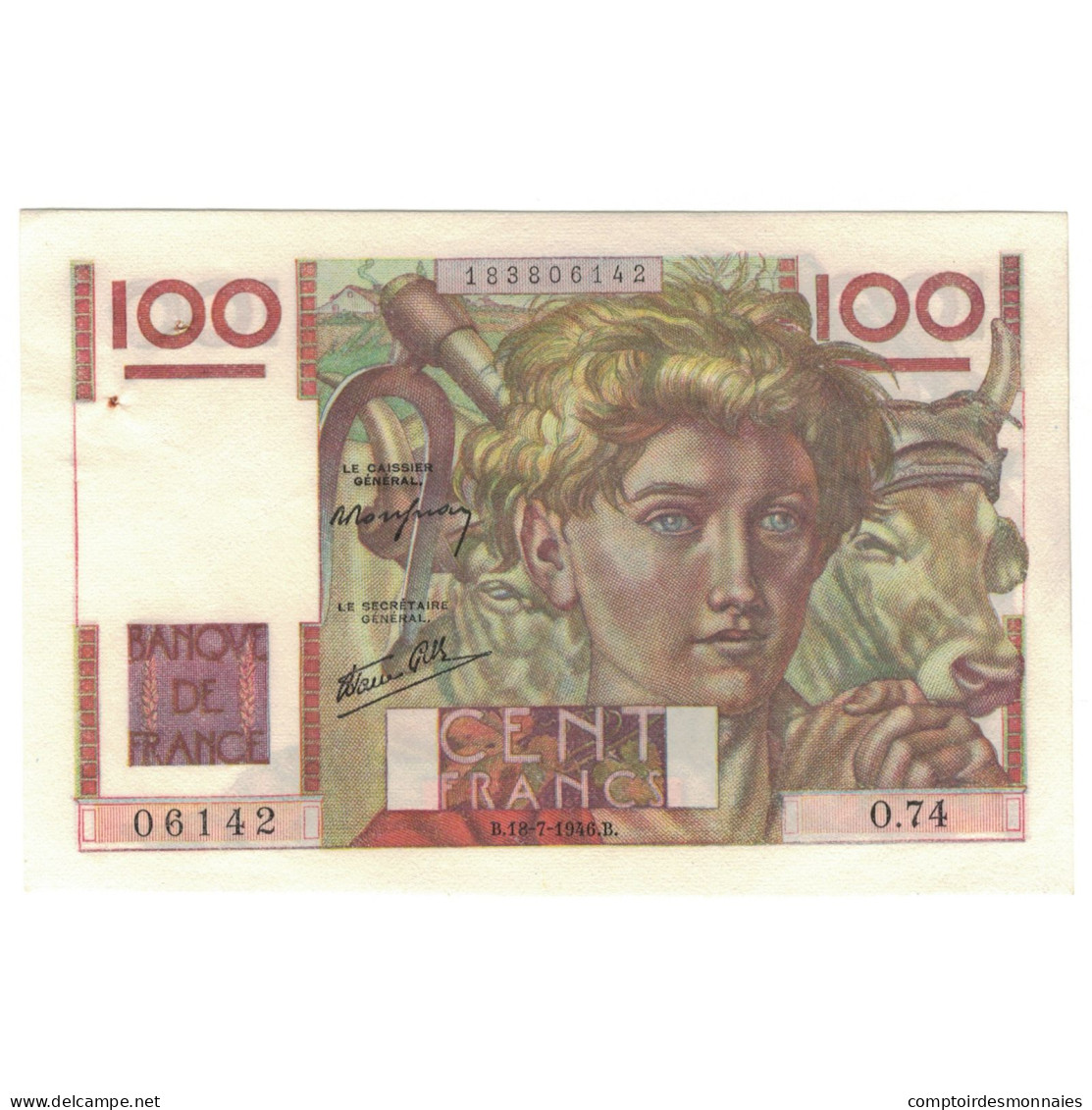 France, 100 Francs, 1946, 1946-07-18, B+, Fayette:28.07, KM:128a - 100 F 1945-1954 ''Jeune Paysan''
